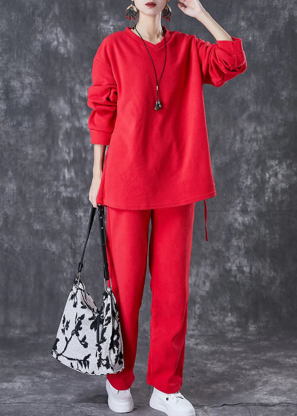 Casual Red Oversized Drawstring Velour Women Sets 2 Pieces Fall Ada Fashion