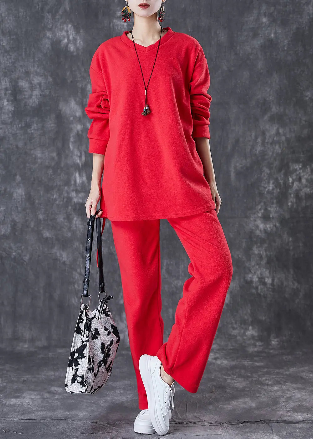 Casual Red Oversized Drawstring Velour Women Sets 2 Pieces Fall Ada Fashion