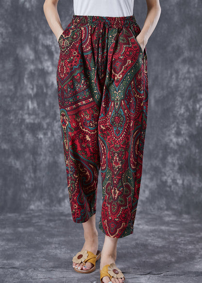 Casual Red Oversized Pockets Print Linen Pants Trousers Summer LY7042 - fabuloryshop