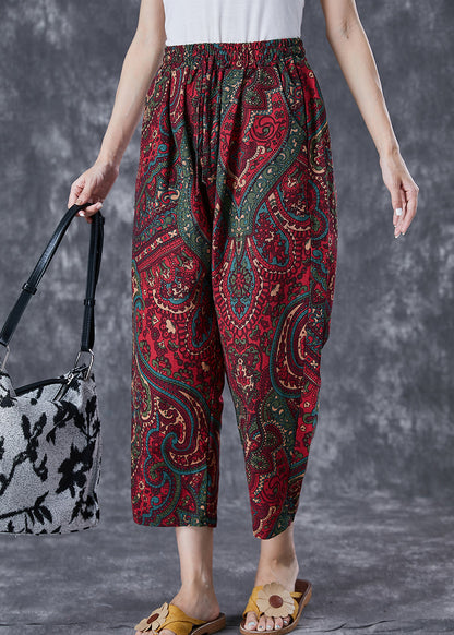 Casual Red Oversized Pockets Print Linen Pants Trousers Summer LY7042 - fabuloryshop