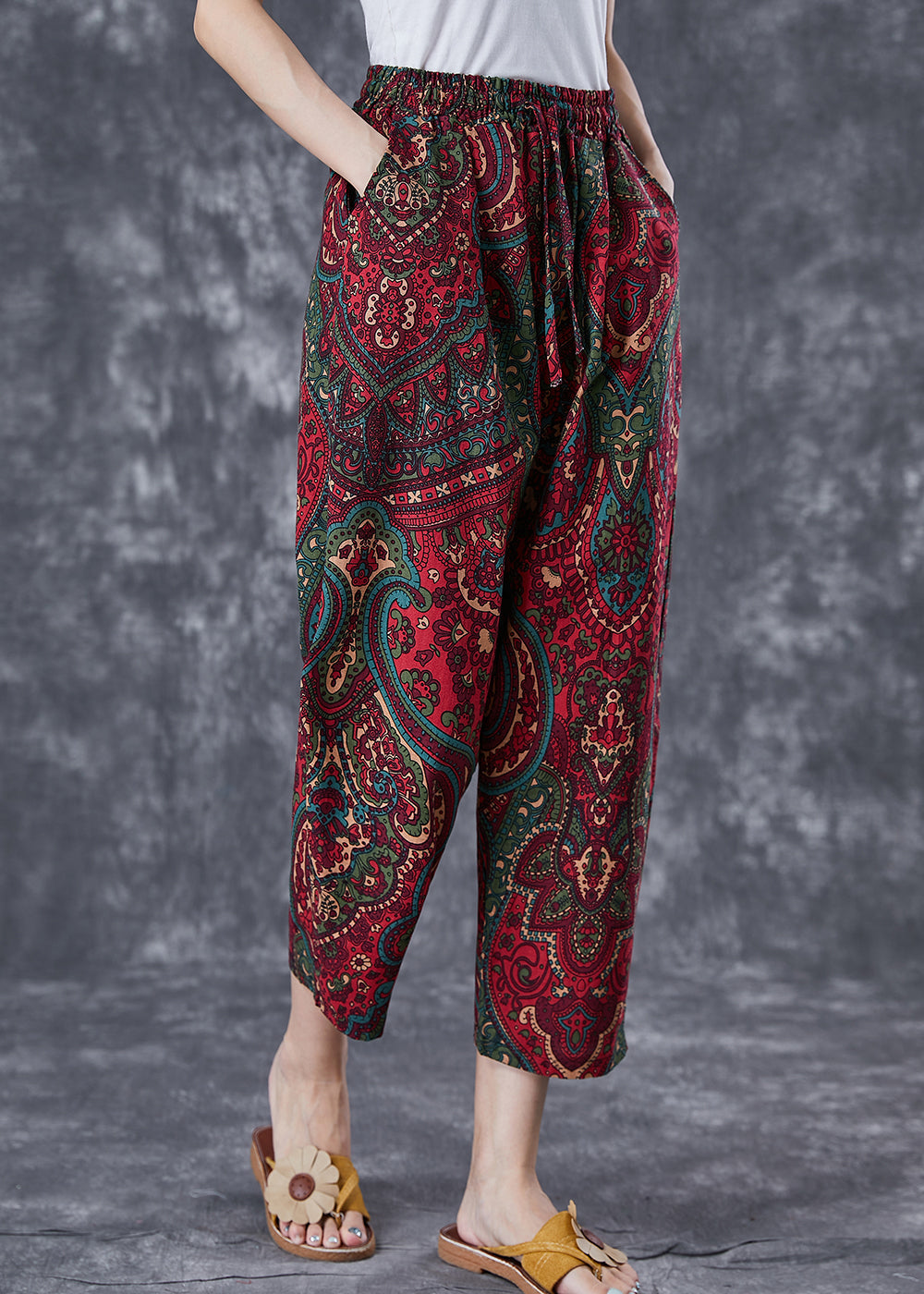 Casual Red Oversized Pockets Print Linen Pants Trousers Summer LY7042 - fabuloryshop
