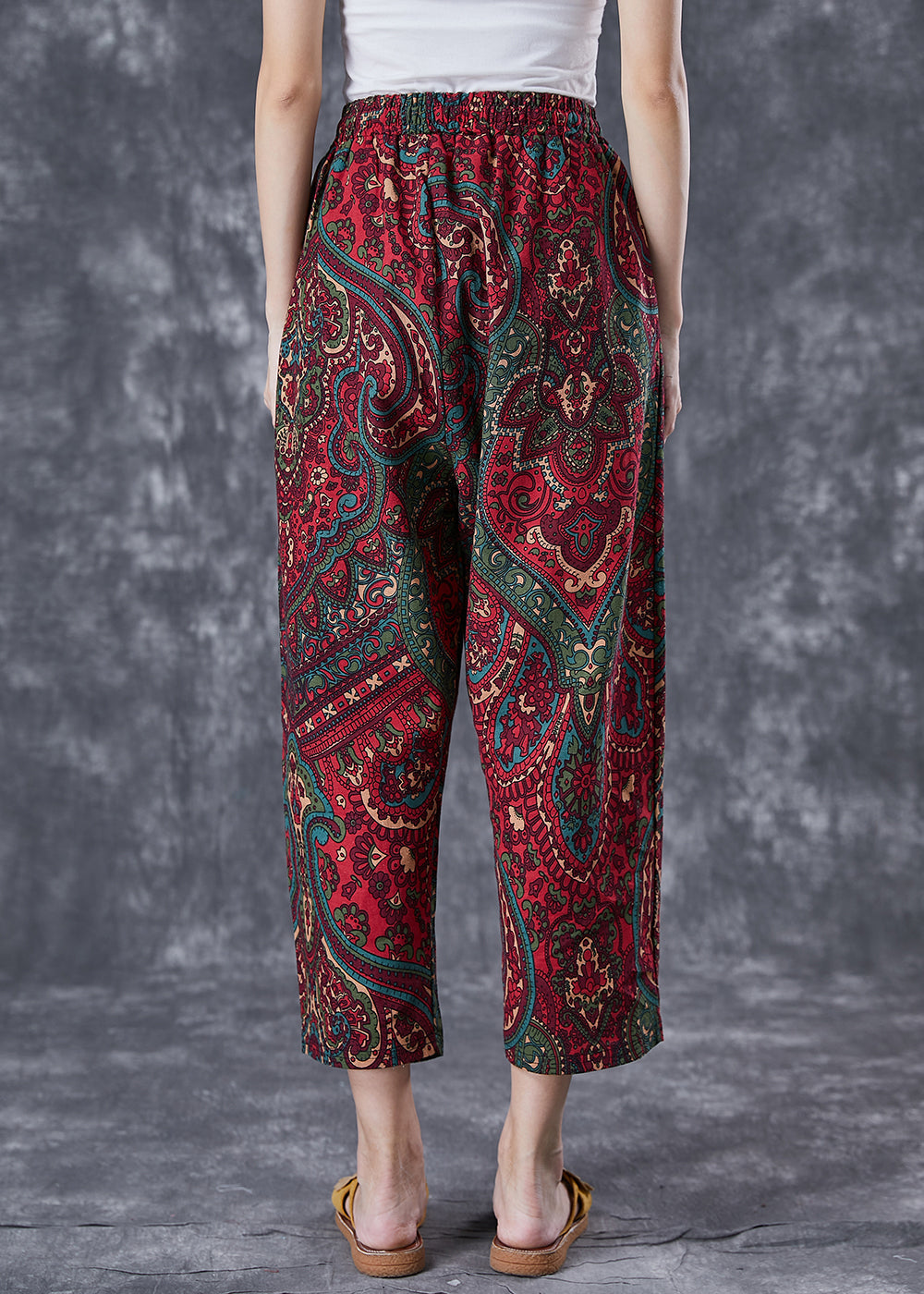 Casual Red Oversized Pockets Print Linen Pants Trousers Summer LY7042 - fabuloryshop
