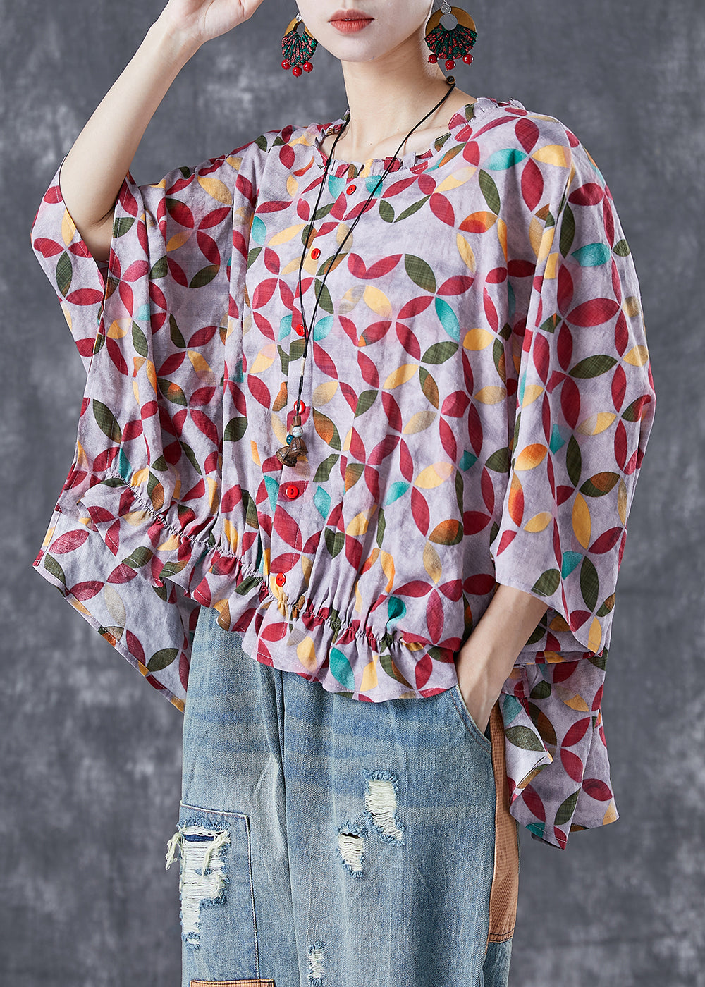 Casual Red Oversized Print Low High Design Cotton Top Summer LY4994 - fabuloryshop