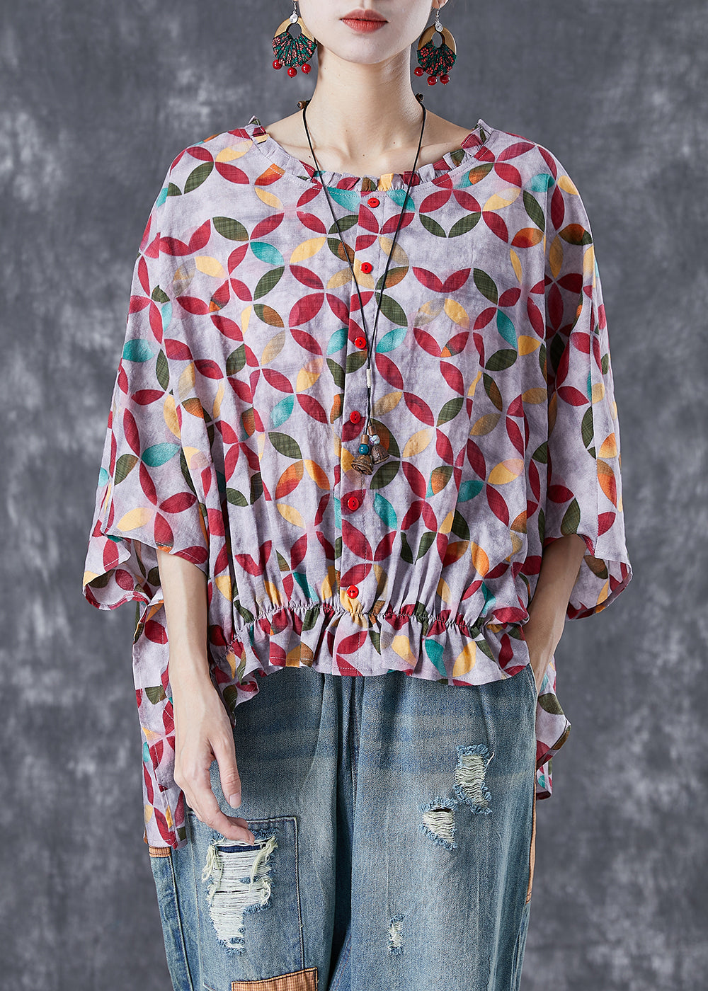 Casual Red Oversized Print Low High Design Cotton Top Summer LY4994 - fabuloryshop