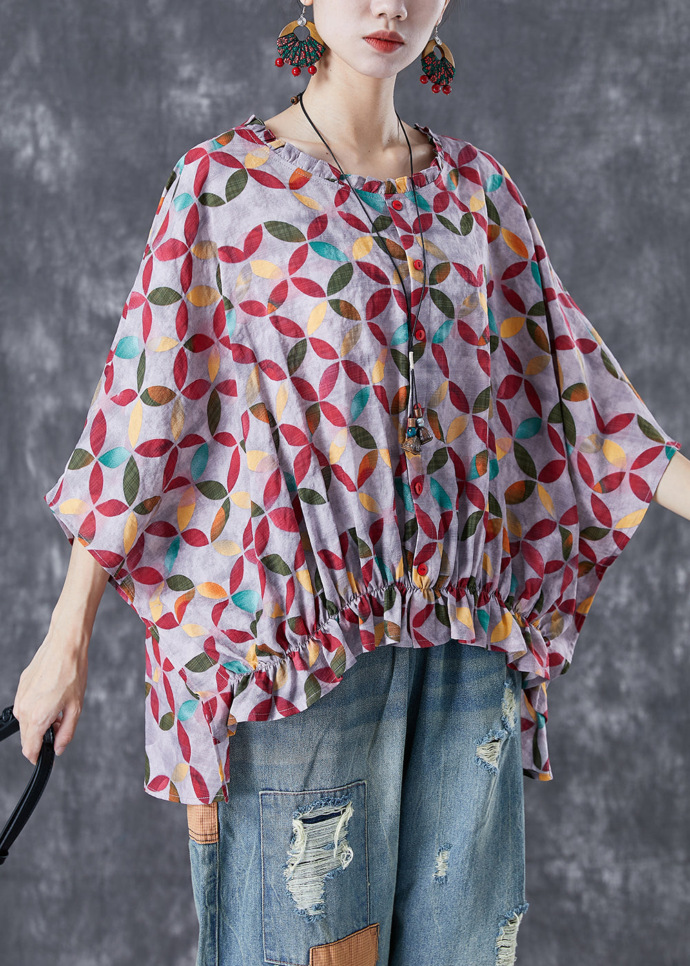 Casual Red Oversized Print Low High Design Cotton Top Summer LY4994 - fabuloryshop