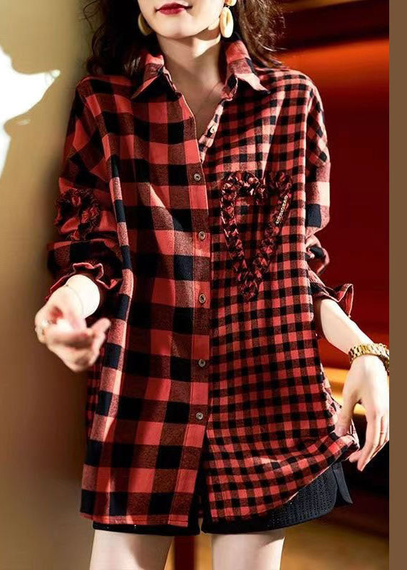 Casual Red Plaid Button Heart Patchwork Cotton Shirts Top Spring LY3802 - fabuloryshop