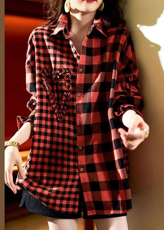 Casual Red Plaid Button Heart Patchwork Cotton Shirts Top Spring LY3802 - fabuloryshop