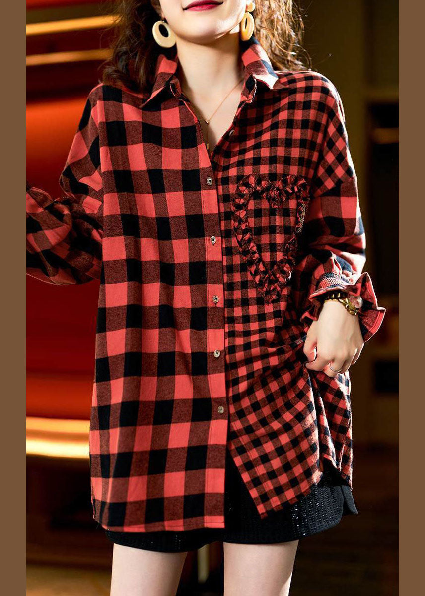 Casual Red Plaid Button Heart Patchwork Cotton Shirts Top Spring LY3802 - fabuloryshop