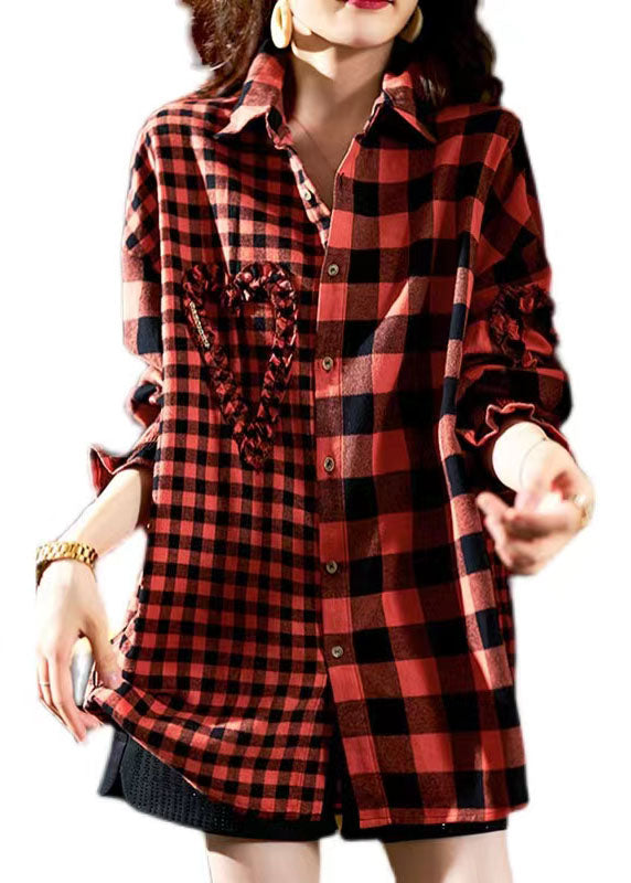 Casual Red Plaid Button Heart Patchwork Cotton Shirts Top Spring LY3802 - fabuloryshop