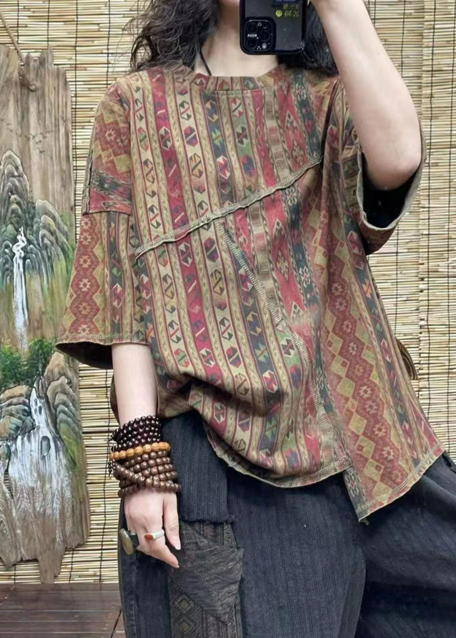 Casual Red Print Asymmetrical Patchwork Cotton T Shirt Top Summer LY4587 - fabuloryshop