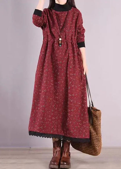 Casual Red Print Drawstring Patchwork Warm Fleece Dresses Winter Ada Fashion