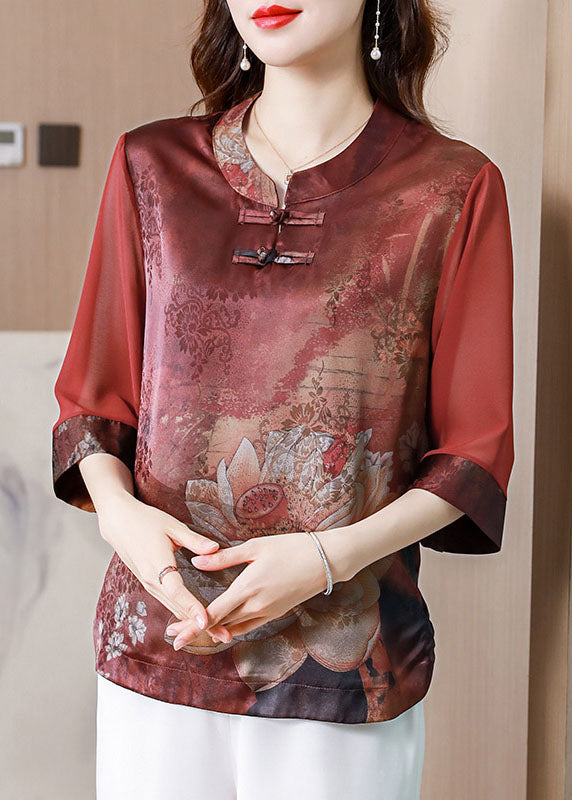 Casual Red Stand Collar Print Patchwork Silk Blouses Summer LY0431