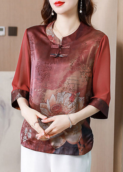 Casual Red Stand Collar Print Patchwork Silk Blouses Summer LY0431 - fabuloryshop