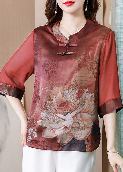 Casual Red Stand Collar Print Patchwork Silk Blouses Summer LY0431 - fabuloryshop