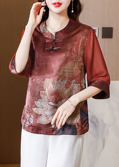 Casual Red Stand Collar Print Patchwork Silk Blouses Summer LY0431 - fabuloryshop