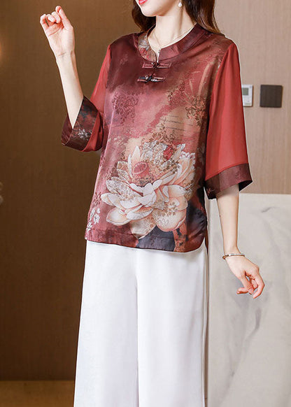 Casual Red Stand Collar Print Patchwork Silk Blouses Summer LY0431 - fabuloryshop