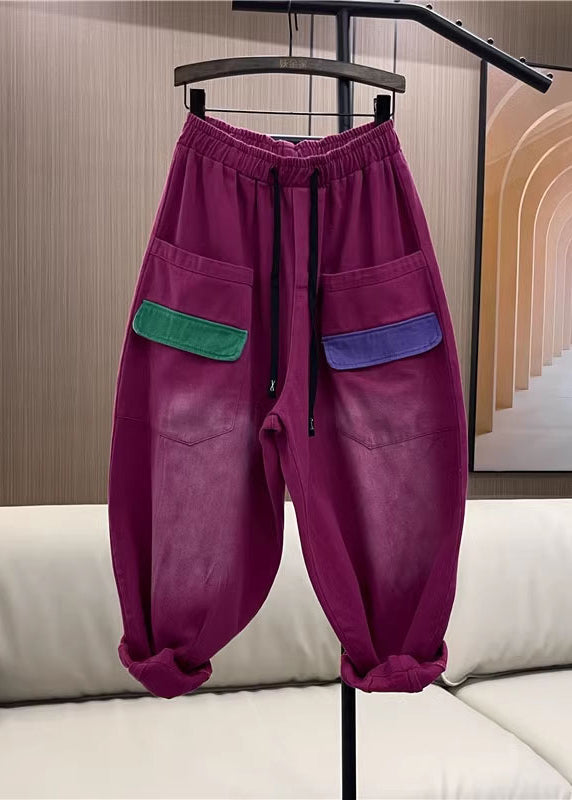 Casual Rose Purple Pockets Elastic Waist Denim Harem Pants Fall Ada Fashion