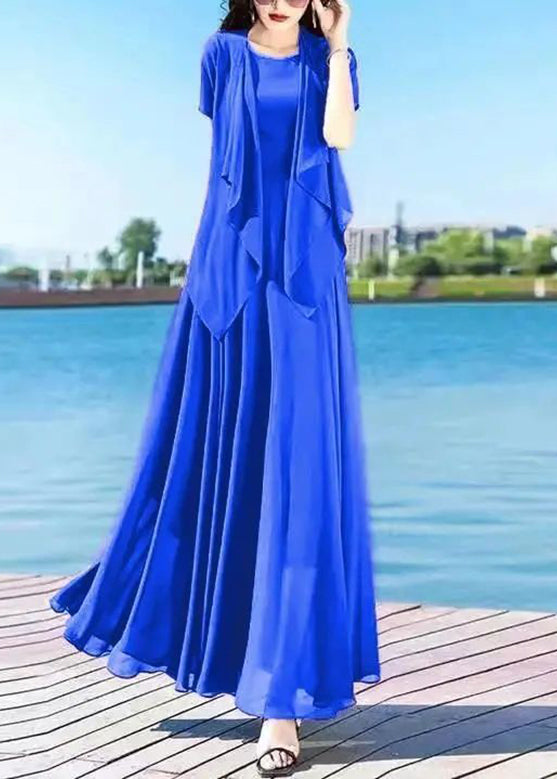 Casual Royalblue O-Neck Chiffon Cardigans And Long Dress Two Pieces Set Summer LY1698 - fabuloryshop