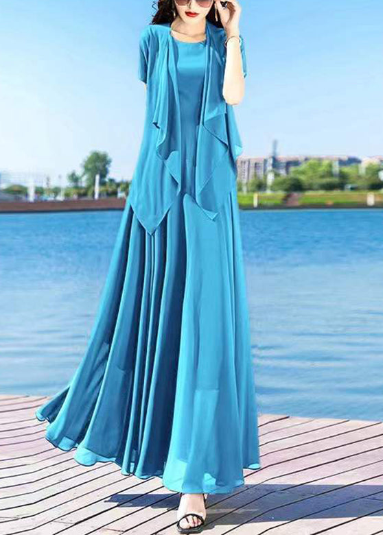 Casual Royalblue O-Neck Chiffon Cardigans And Long Dress Two Pieces Set Summer LY1698 - fabuloryshop