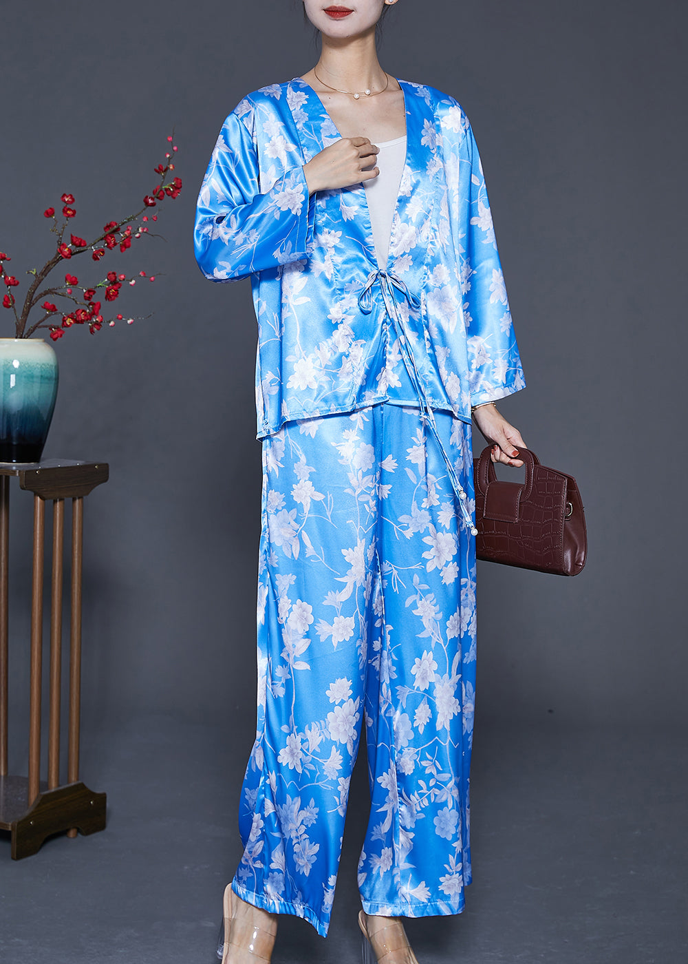 Casual Sky Blue Oversized Print Lace Up Silk Two Pieces Set Summer Ada Fashion