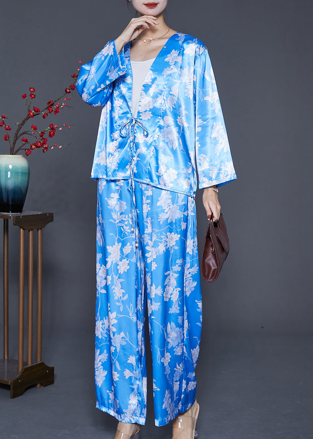 Casual Sky Blue Oversized Print Lace Up Silk Two Pieces Set Summer Ada Fashion