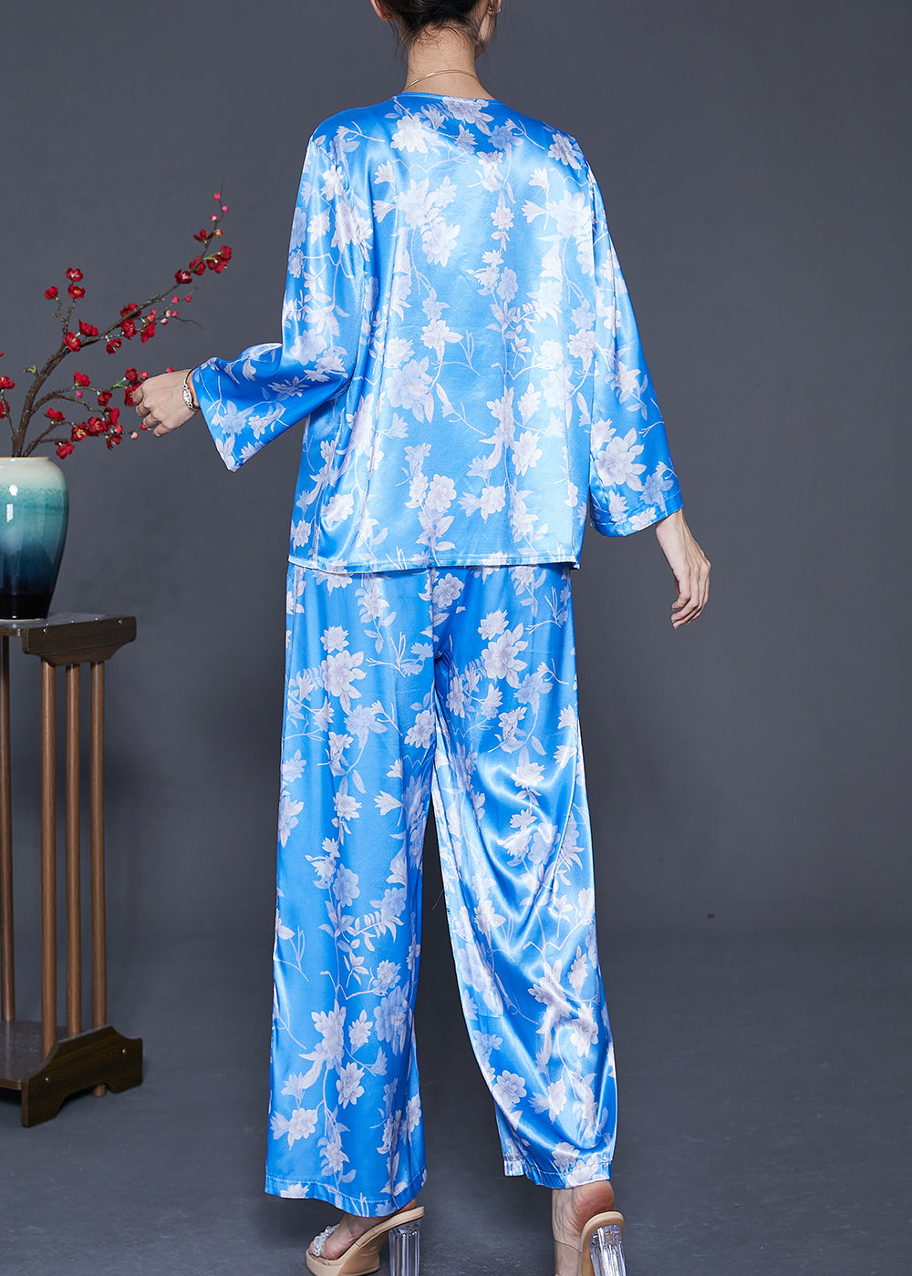 Casual Sky Blue Oversized Print Lace Up Silk Two Pieces Set Summer Ada Fashion