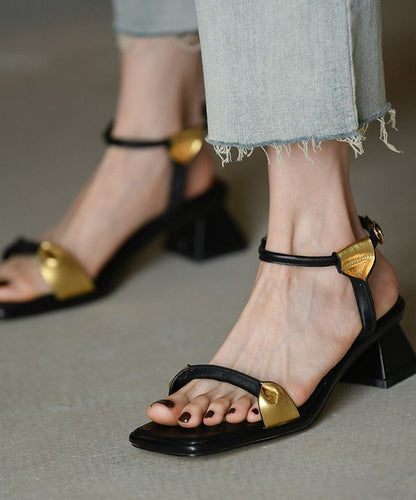 Casual Splicing Chunky Sandals Black Cowhide Leather LY4410 - fabuloryshop