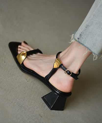 Casual Splicing Chunky Sandals Black Cowhide Leather LY4410 - fabuloryshop