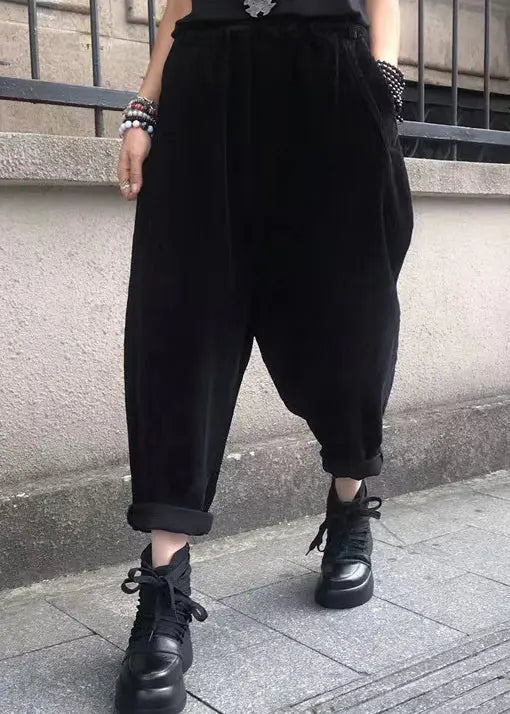 Casual Versatile Black Pockets Elastic Waist Corduroy Pants Fall Ada Fashion
