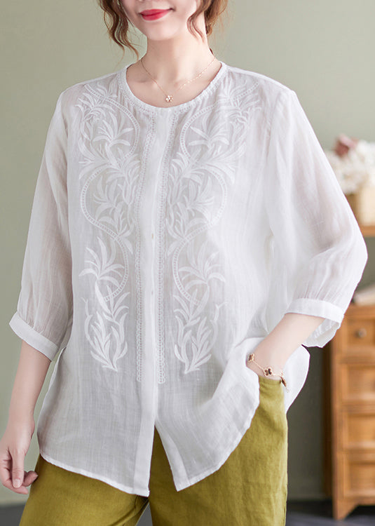 Casual White Embroideried Oversized Linen Shirt Summer LY7321 - fabuloryshop