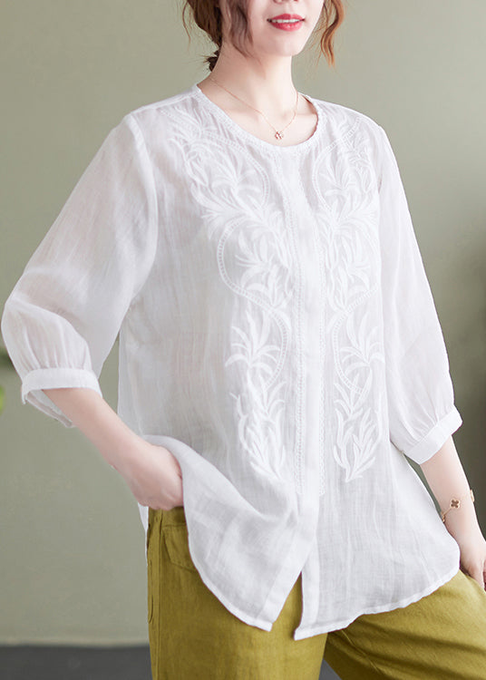 Casual White Embroideried Oversized Linen Shirt Summer LY7321 - fabuloryshop