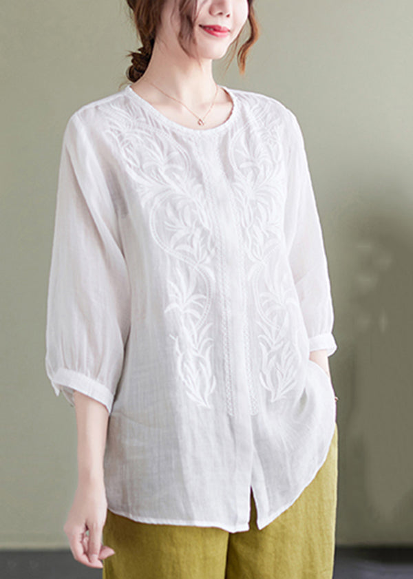 Casual White Embroideried Oversized Linen Shirt Summer LY7321 - fabuloryshop