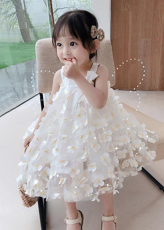 Casual White Floral Decorated Patchwork Tulle Baby Girls Dress Summer LY5466 - fabuloryshop