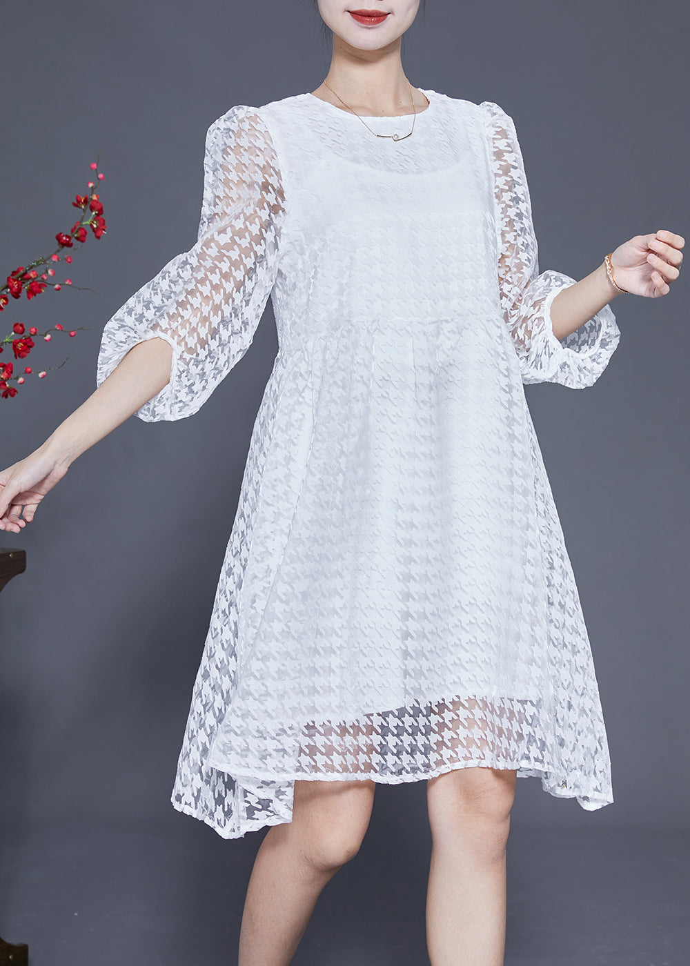 Casual White Hollow Out Exra Large Hem Tulle Maxi Dress Puff Sleeve LY1844 - fabuloryshop