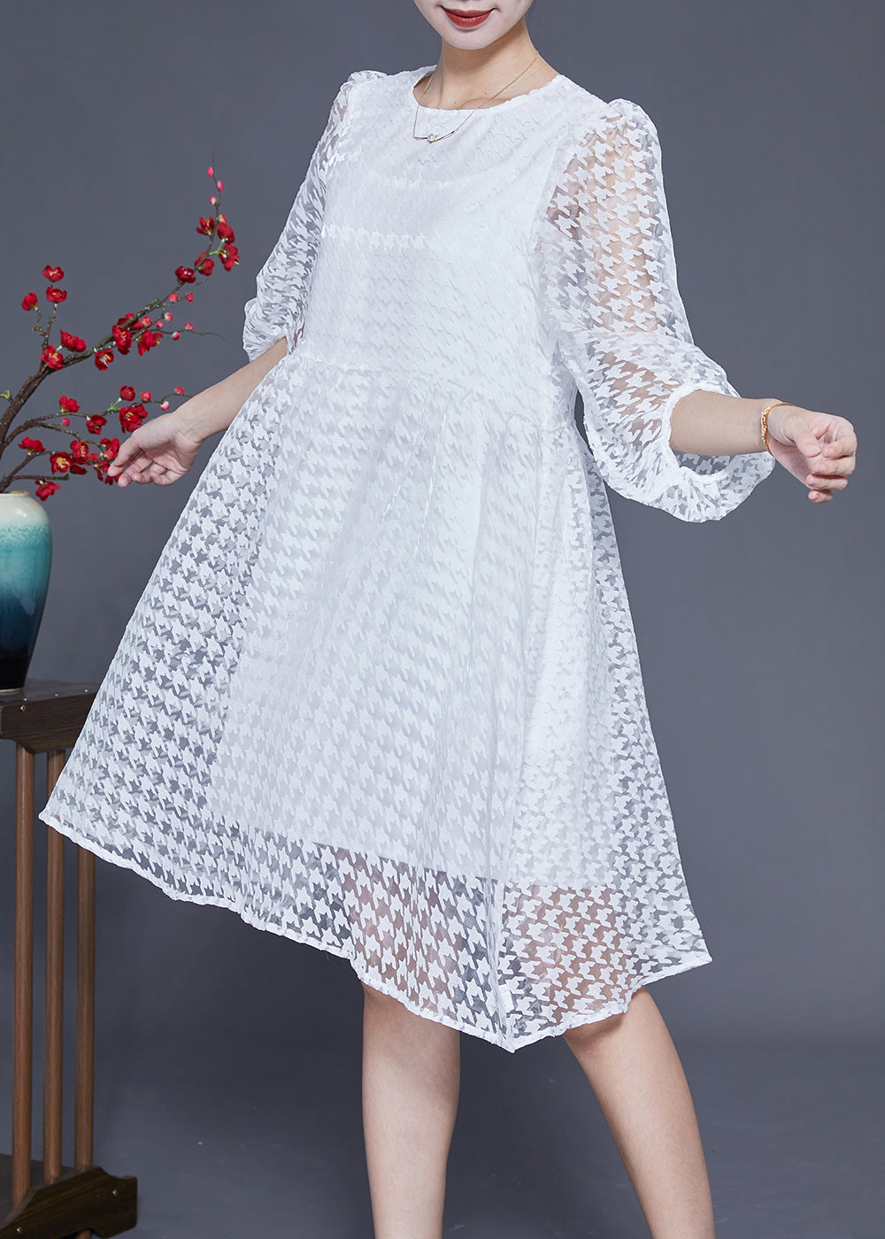 Casual White Hollow Out Exra Large Hem Tulle Maxi Dress Puff Sleeve LY1844 - fabuloryshop