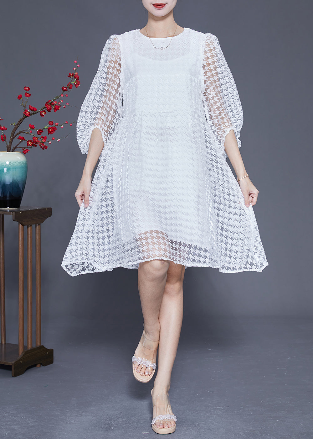 Casual White Hollow Out Exra Large Hem Tulle Maxi Dress Puff Sleeve LY1844 - fabuloryshop