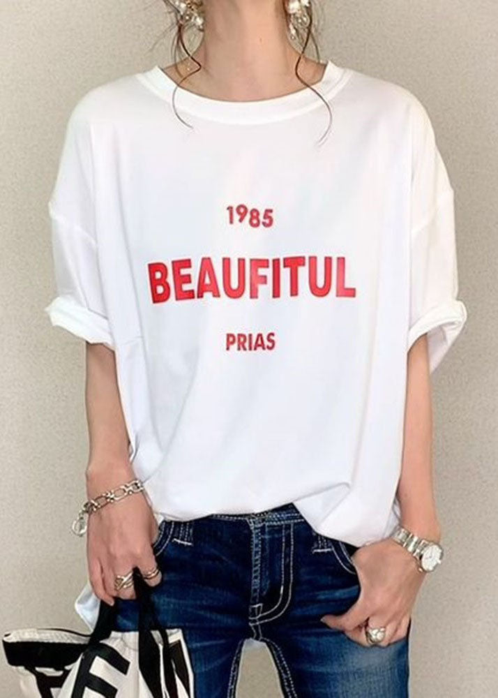 Casual White O Neck Letter Print Cotton T Shirt Summer LY2190 - fabuloryshop