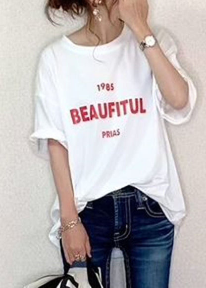 Casual White O Neck Letter Print Cotton T Shirt Summer LY2190 - fabuloryshop