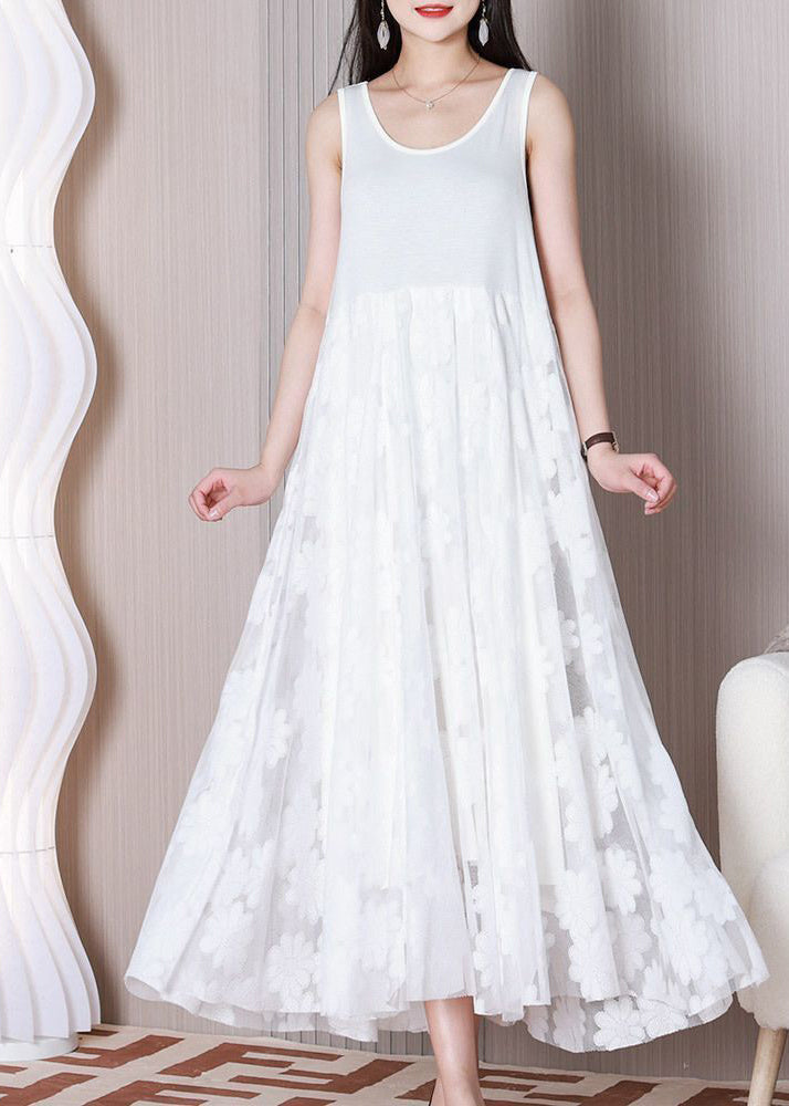 Casual White O-Neck Patchwork Lace Ankle Dress Sleeveless LY3728 - fabuloryshop