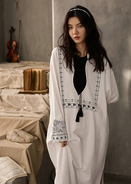 Casual White O-Neck Print Side Open Cotton Long Dress Spring TO1021 - fabuloryshop