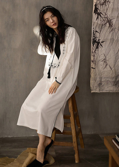 Casual White O-Neck Print Side Open Cotton Long Dress Spring TO1021 - fabuloryshop