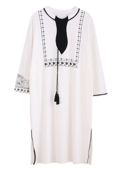 Casual White O-Neck Print Side Open Cotton Long Dress Spring TO1021 - fabuloryshop