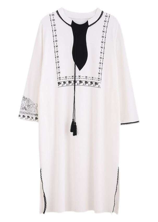 Casual White O-Neck Print Side Open Cotton Long Dress Spring LY1888 - fabuloryshop