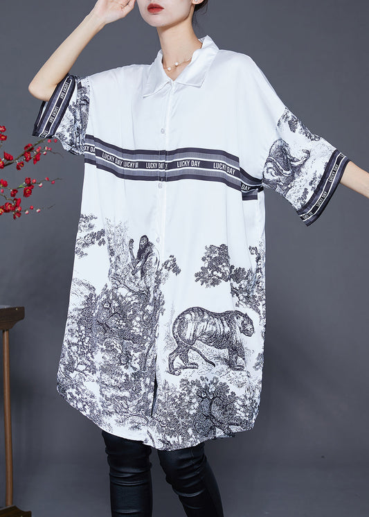 Casual White Oversized Print Ice Silk Shirt Dress Summer Ada Fashion