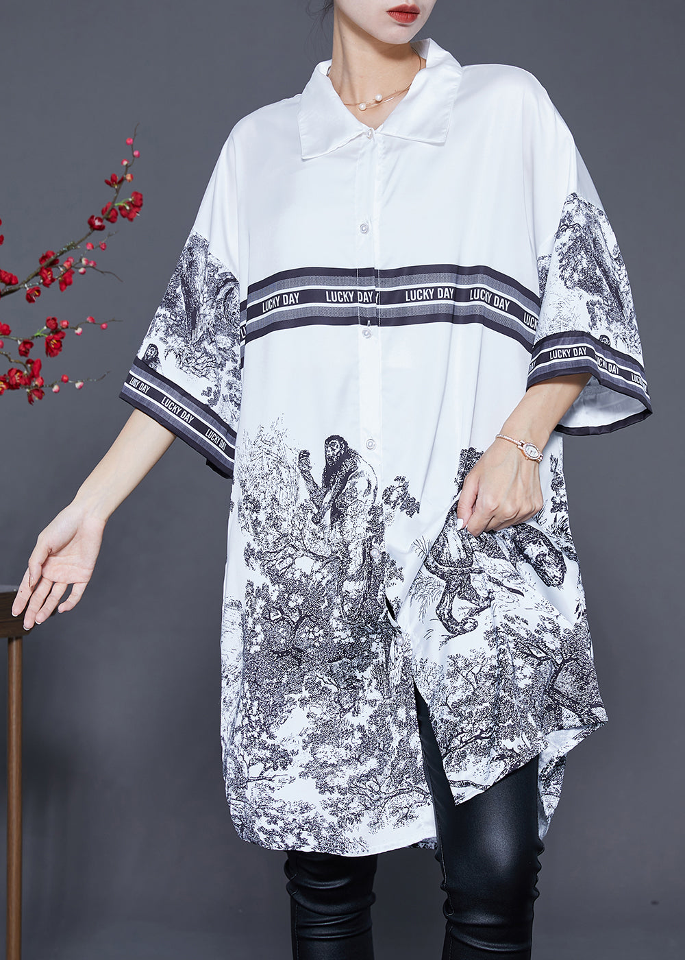 Casual White Oversized Print Ice Silk Shirt Dress Summer Ada Fashion