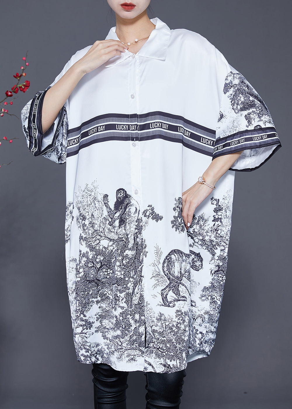 Casual White Oversized Print Ice Silk Shirt Dress Summer Ada Fashion