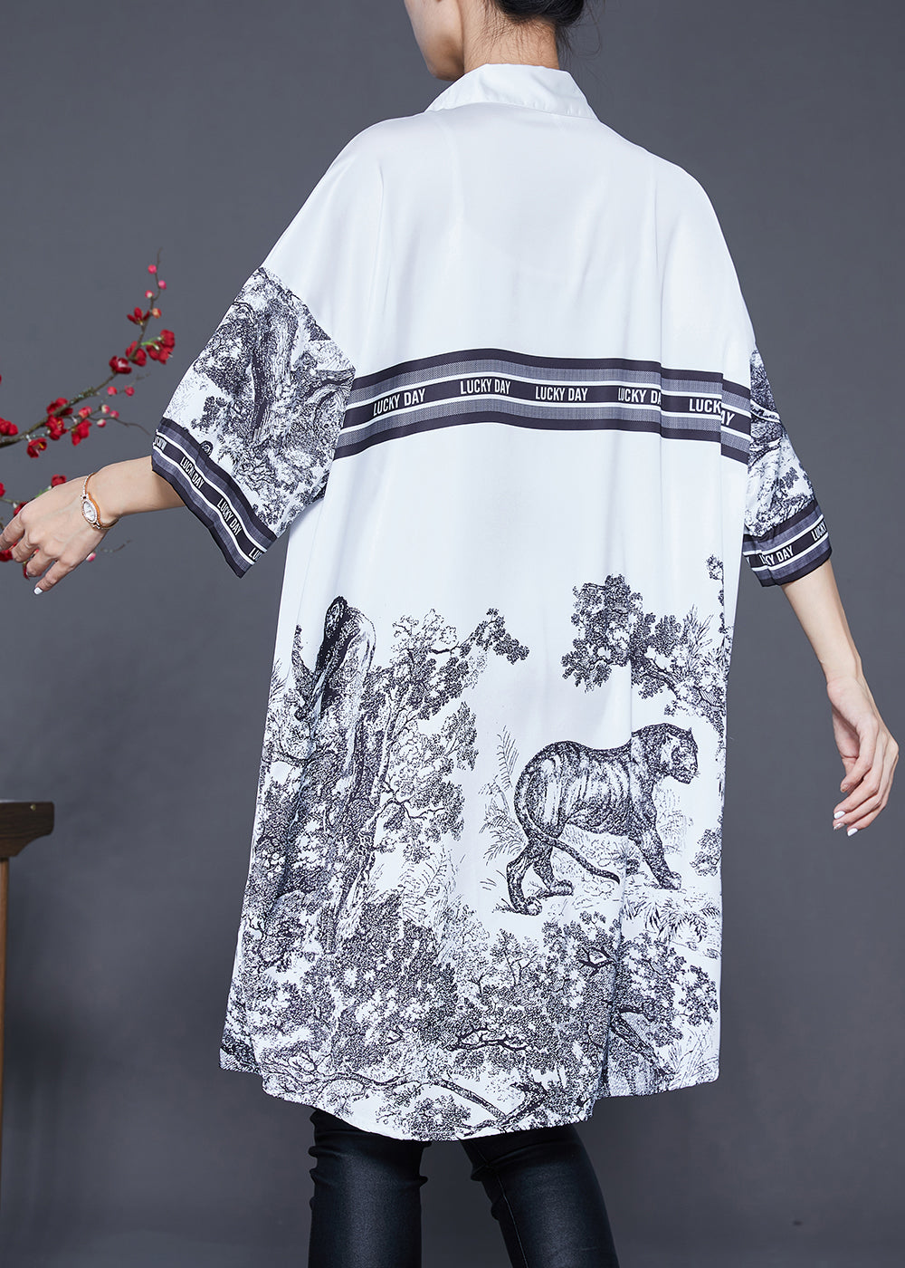 Casual White Oversized Print Ice Silk Shirt Dress Summer Ada Fashion