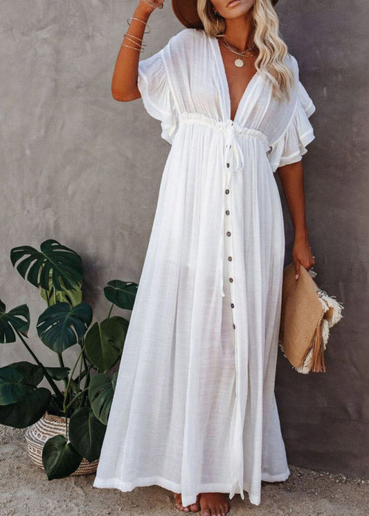 Casual White Pleated Drawstring Party Long Dresses Summer LY3033 - fabuloryshop