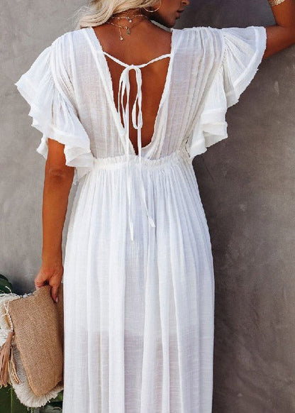 Casual White Pleated Drawstring Party Long Dresses Summer LY3033 - fabuloryshop