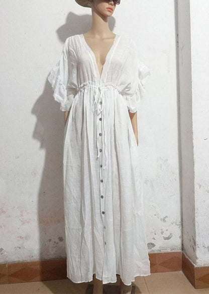 Casual White Pleated Drawstring Party Long Dresses Summer LY3033 - fabuloryshop